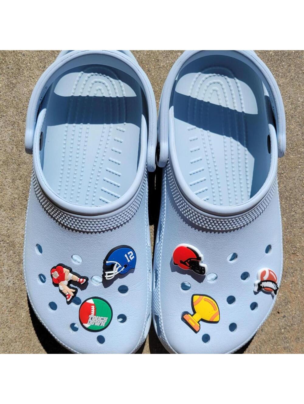 8 Men's, 10 Women's Pastel Sky Blue Crocs with clog charms. Pre-owned, excellent